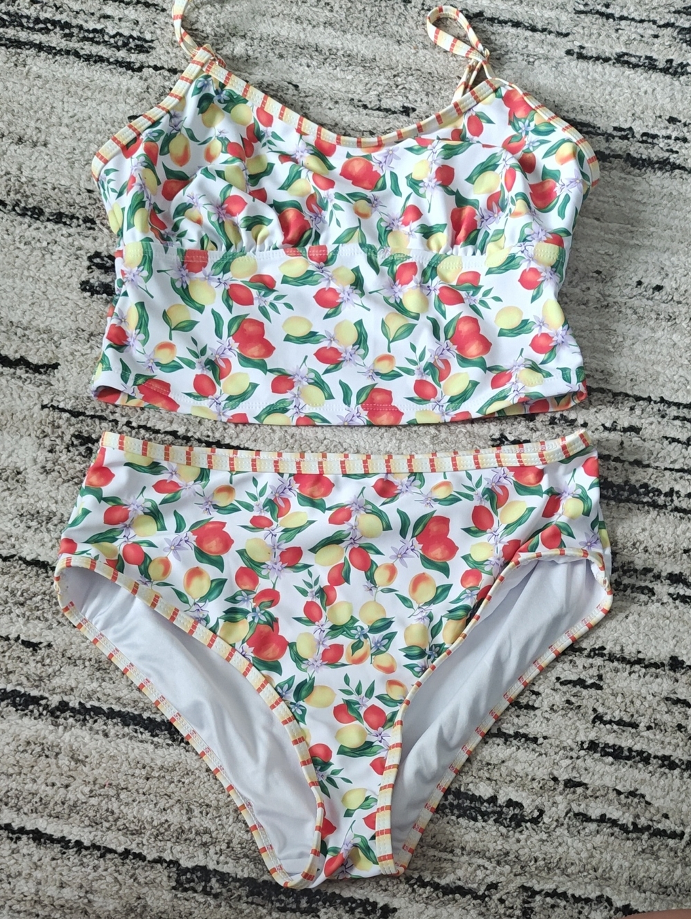 Zaful White Bikini Set with Lemon & Peach Print and Striped Trim